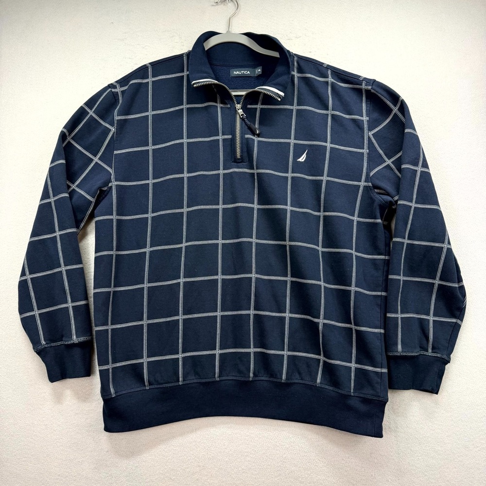 Nautica Sweatshirt Mens XXL Navy White Check Fleece Lined Sleeve 1/4 Zip Jacket